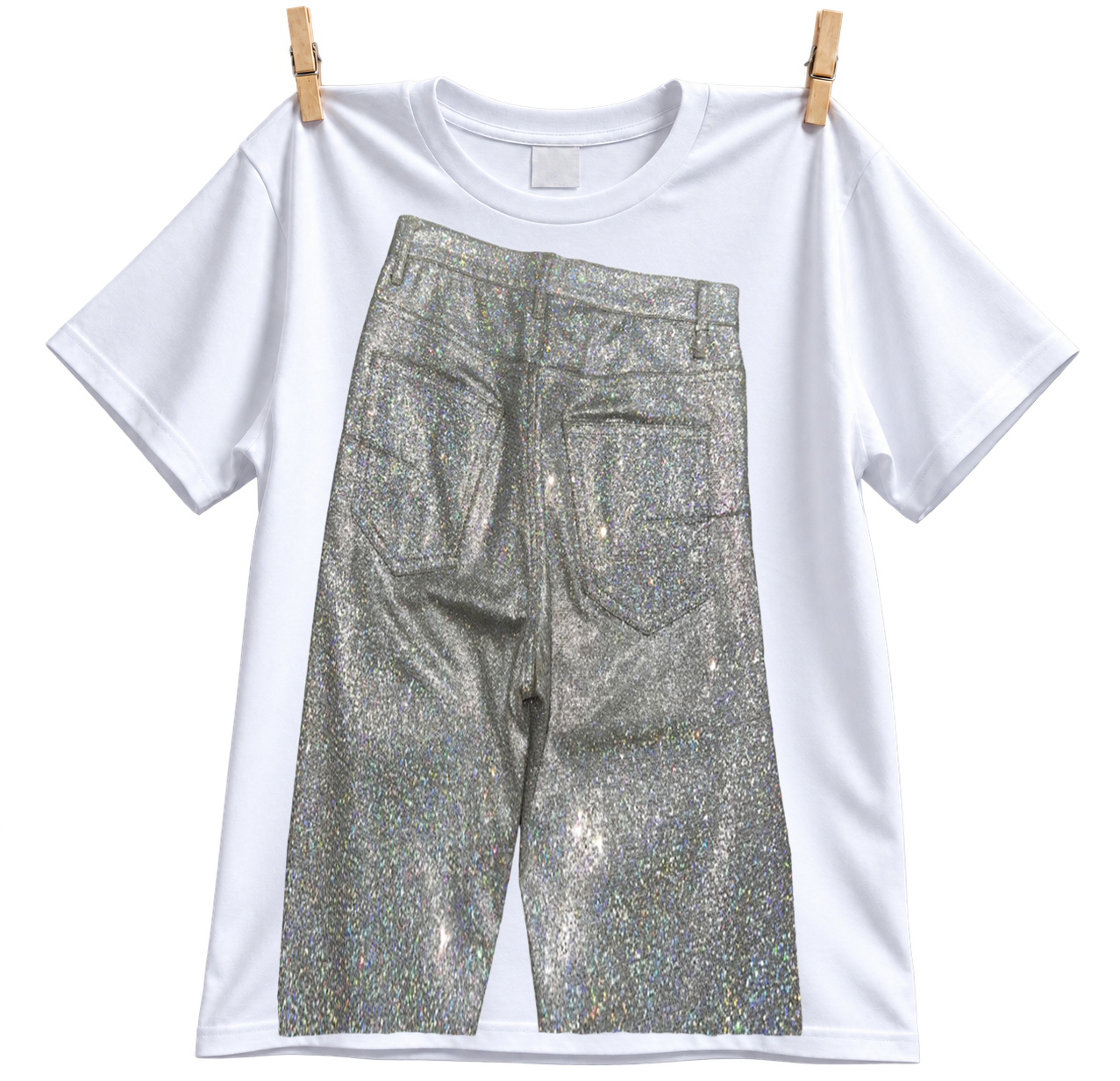 White T-shirt with holographic glitter jeans graphic